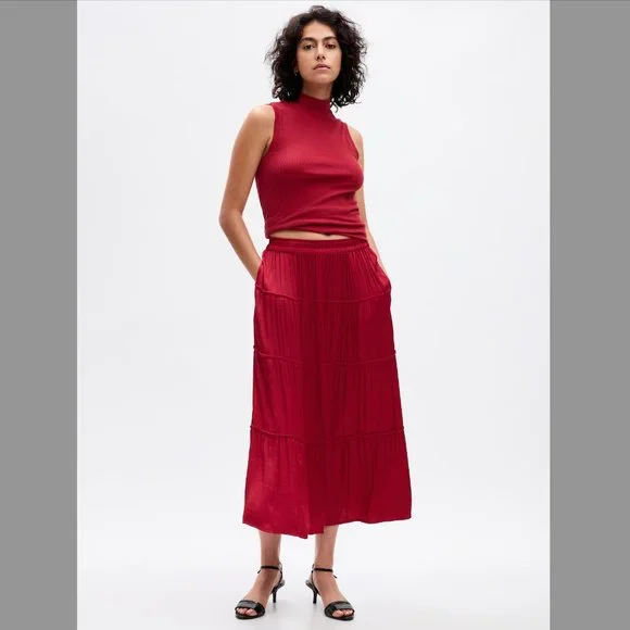 GAP | Skirts | Gap Red Satin Tiered Maxi Skirt Nwt | Poshmark
